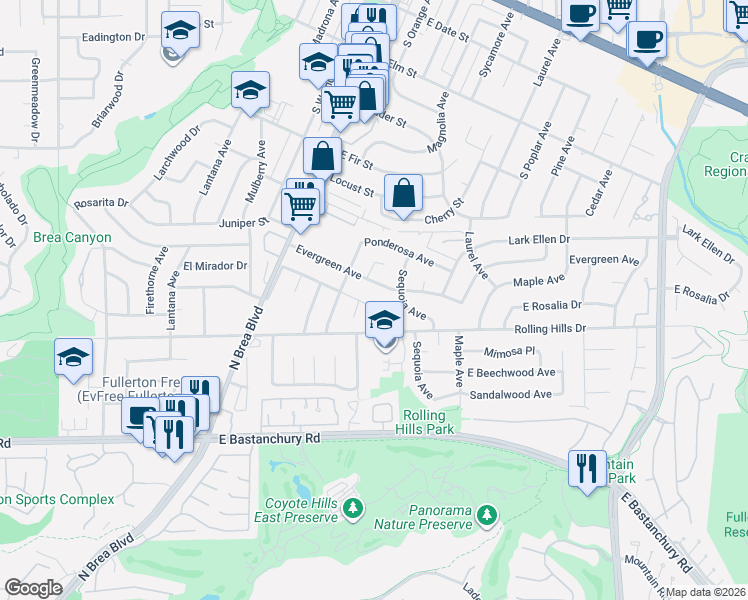 map of restaurants, bars, coffee shops, grocery stores, and more near 1448 Evergreen Avenue in Fullerton