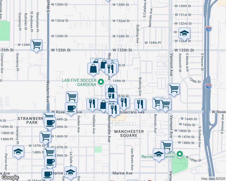 map of restaurants, bars, coffee shops, grocery stores, and more near 1467 Azalea Circle in Gardena