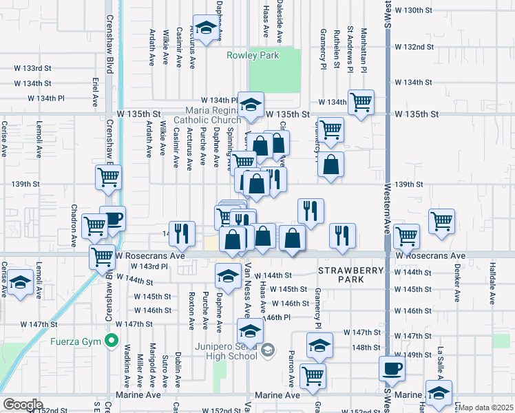 map of restaurants, bars, coffee shops, grocery stores, and more near 14000 Van Ness Avenue in Gardena