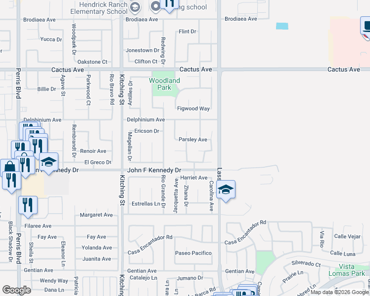 map of restaurants, bars, coffee shops, grocery stores, and more near 14874 Tarragon Way in Moreno Valley