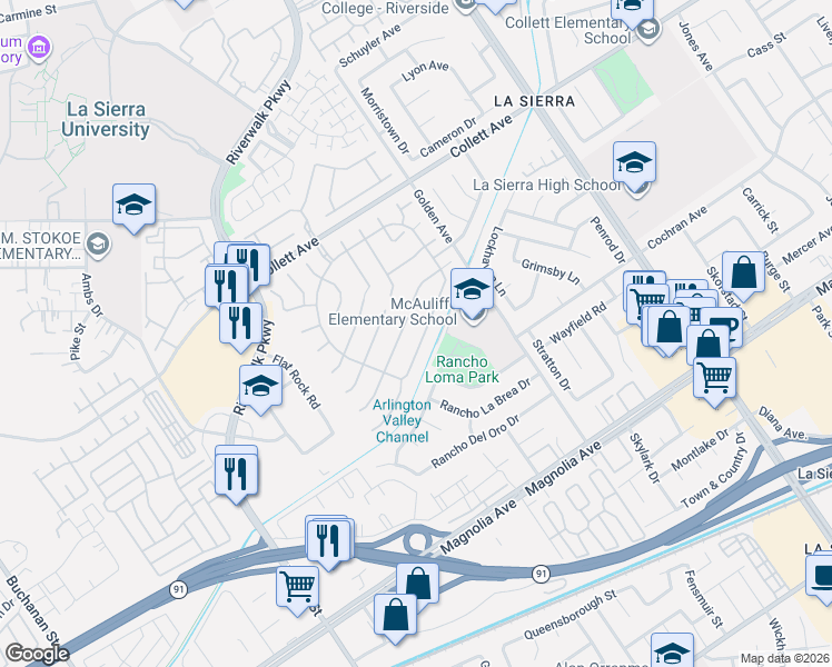 map of restaurants, bars, coffee shops, grocery stores, and more near 11427 Bridgeway Drive in Riverside