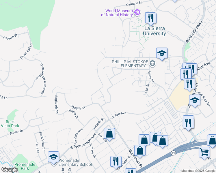 map of restaurants, bars, coffee shops, grocery stores, and more near 4405 Gilchrist Drive in Riverside