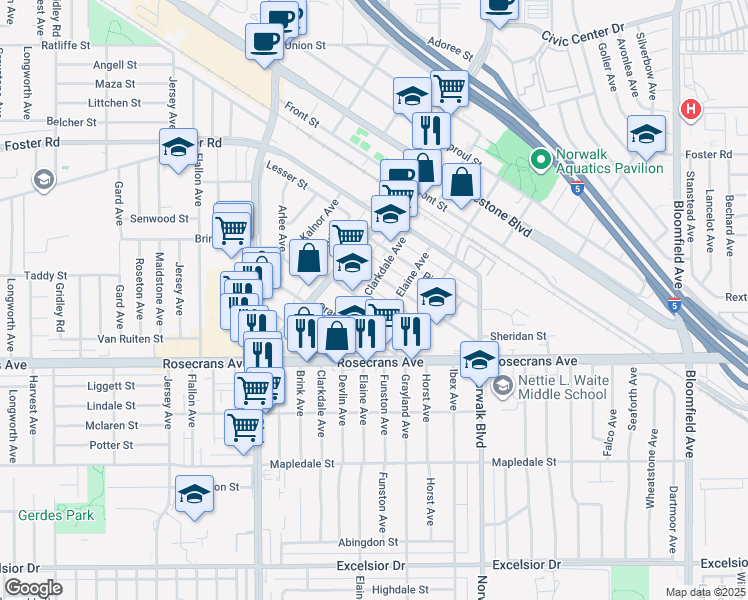 map of restaurants, bars, coffee shops, grocery stores, and more near 12022 Walnut Street in Norwalk
