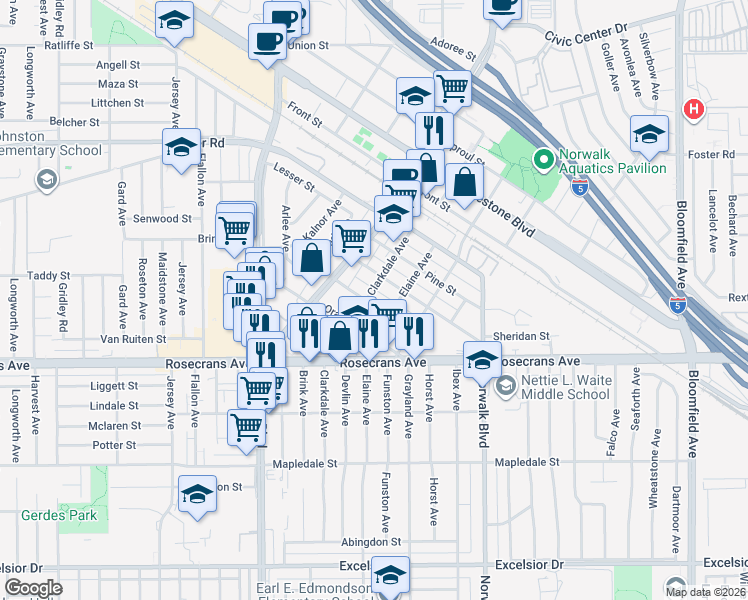 map of restaurants, bars, coffee shops, grocery stores, and more near 12022 Walnut Street in Norwalk