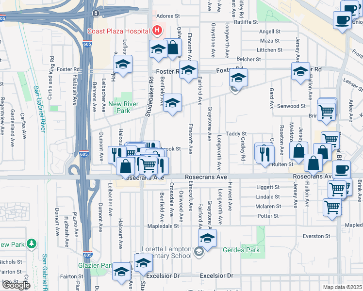 map of restaurants, bars, coffee shops, grocery stores, and more near 11129 Crestbrook Street in Norwalk