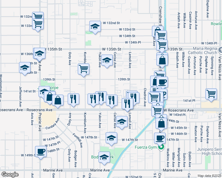 map of restaurants, bars, coffee shops, grocery stores, and more near 3510 Slayton Street in Hawthorne