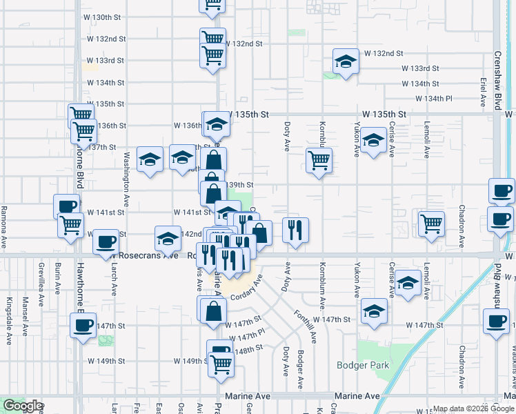 map of restaurants, bars, coffee shops, grocery stores, and more near 14000 Cordary Avenue in Hawthorne