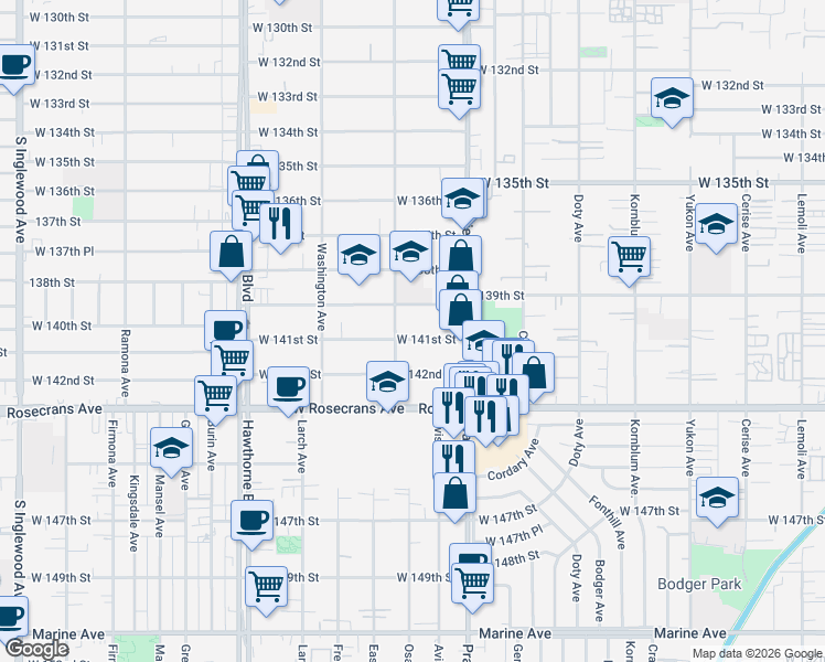 map of restaurants, bars, coffee shops, grocery stores, and more near 4069 West 141st Street in Hawthorne
