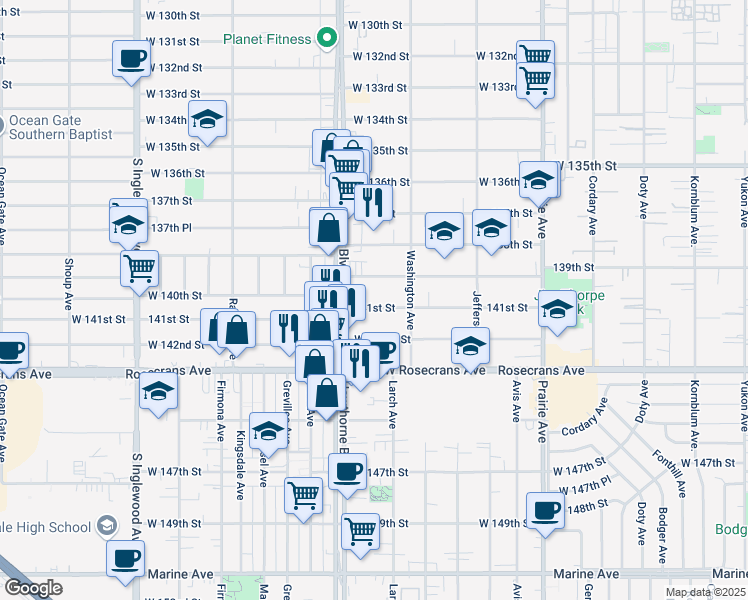 map of restaurants, bars, coffee shops, grocery stores, and more near 4379 West 141st Street in Hawthorne