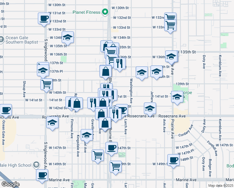 map of restaurants, bars, coffee shops, grocery stores, and more near 4379 West 141st Street in Hawthorne