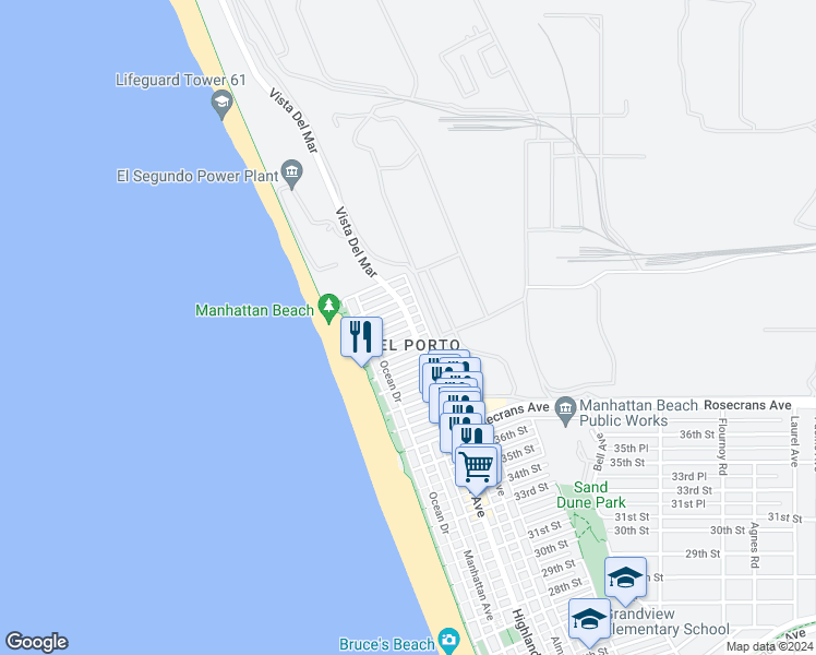map of restaurants, bars, coffee shops, grocery stores, and more near in Manhattan Beach