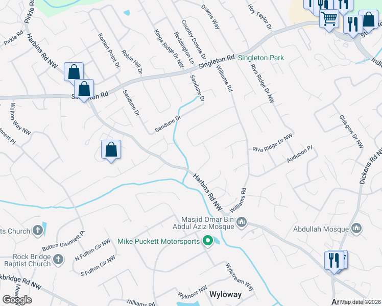 map of restaurants, bars, coffee shops, grocery stores, and more near 5422 Bishops Circle in Norcross