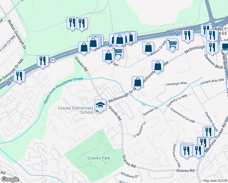 map of restaurants, bars, coffee shops, grocery stores, and more near 1787 Brookside Lay Circle in Norcross