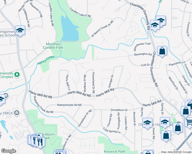 map of restaurants, bars, coffee shops, grocery stores, and more near 3888 Flowerland Drive Northeast in Atlanta