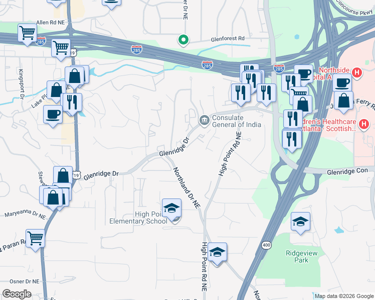 map of restaurants, bars, coffee shops, grocery stores, and more near 5501 Glenridge Drive in Atlanta