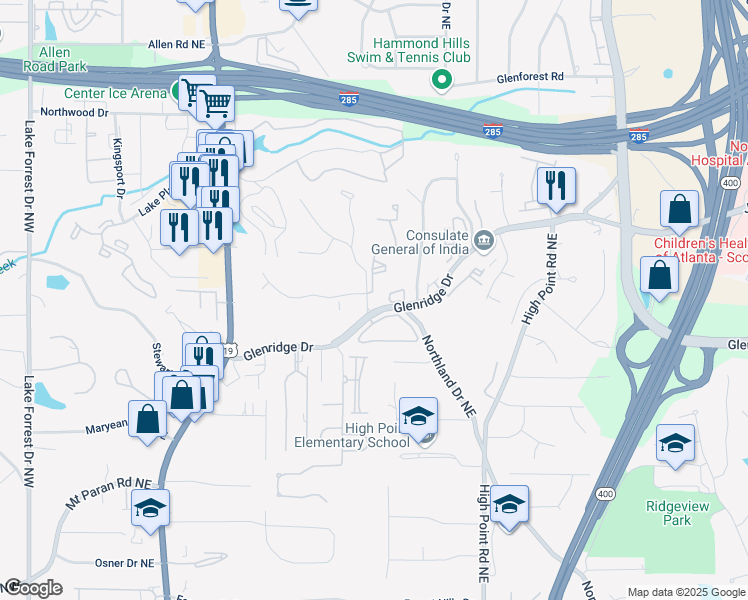 map of restaurants, bars, coffee shops, grocery stores, and more near 5492 Glenridge Stratford Drive in Atlanta