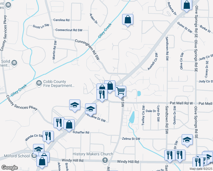 map of restaurants, bars, coffee shops, grocery stores, and more near 2050 Austell Road Southwest in Marietta