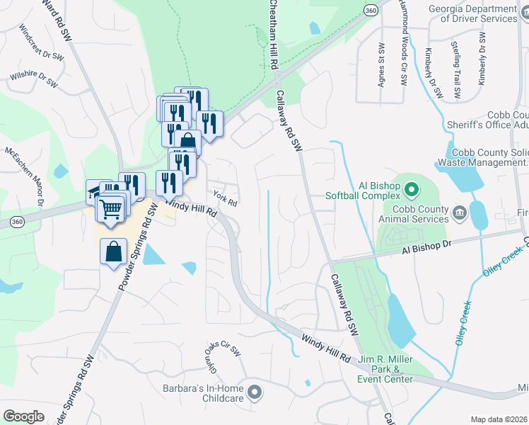 map of restaurants, bars, coffee shops, grocery stores, and more near 1962 Bergerac Court Southwest in Marietta