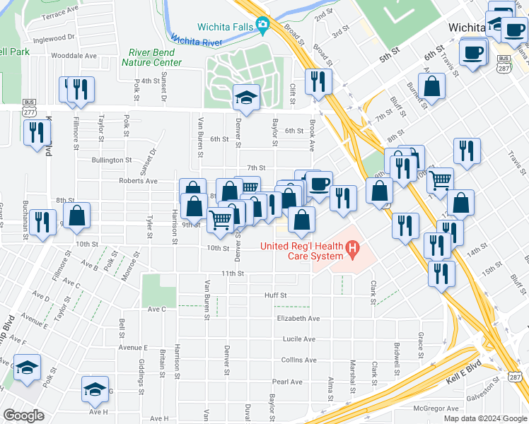 map of restaurants, bars, coffee shops, grocery stores, and more near 1801 Rose Street in Wichita Falls