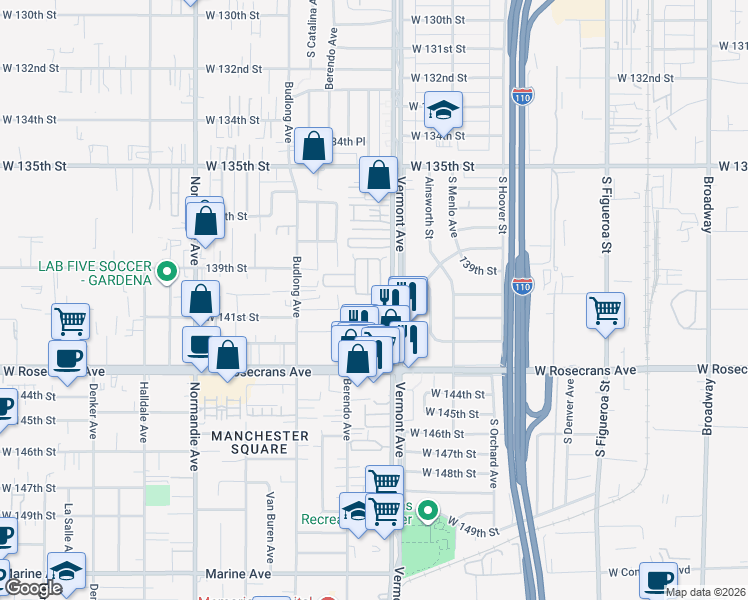 map of restaurants, bars, coffee shops, grocery stores, and more near 1026 Amber Place in Gardena