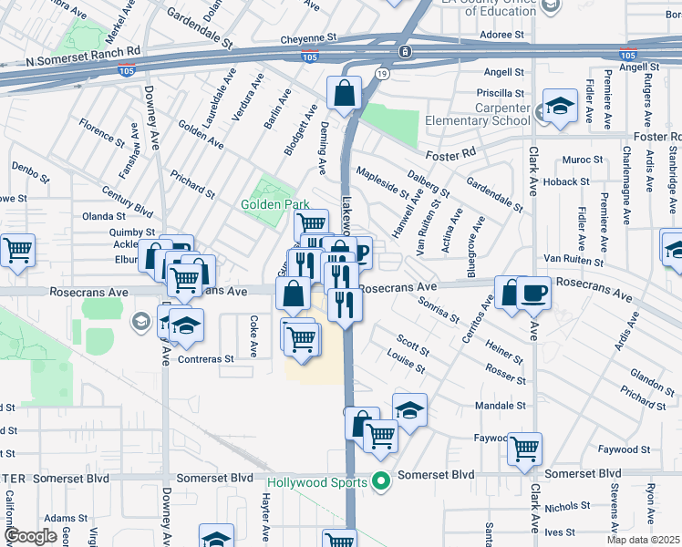 map of restaurants, bars, coffee shops, grocery stores, and more near 13535 California 19 in Downey