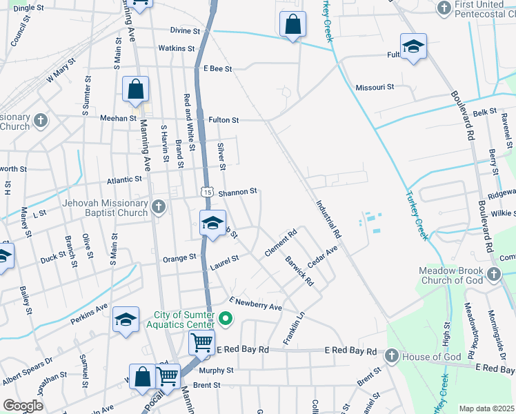 map of restaurants, bars, coffee shops, grocery stores, and more near 14 Northwestern Avenue in Sumter