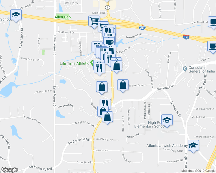 map of restaurants, bars, coffee shops, grocery stores, and more near 5456 Wentworth Street in Atlanta