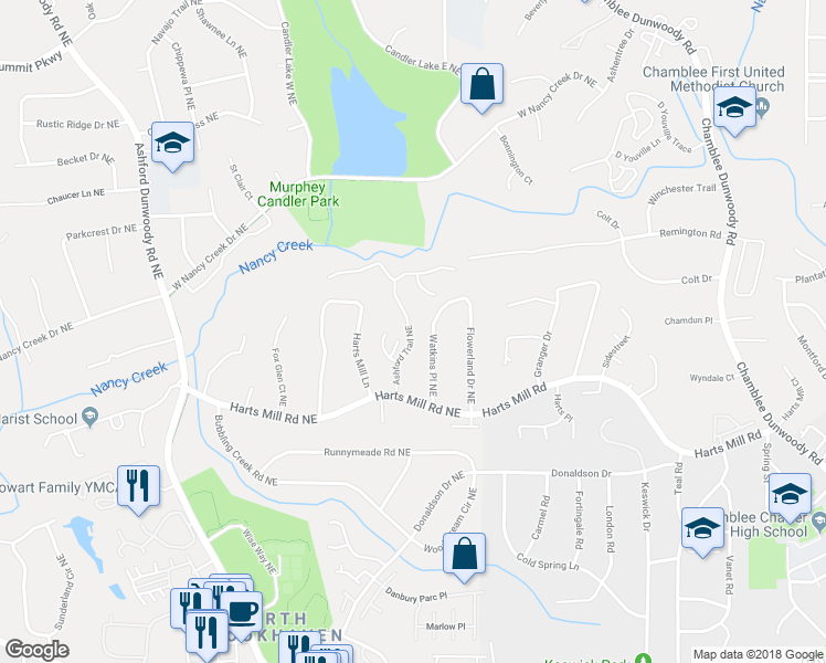 map of restaurants, bars, coffee shops, grocery stores, and more near 3818 Ashford Trail Northeast in Brookhaven