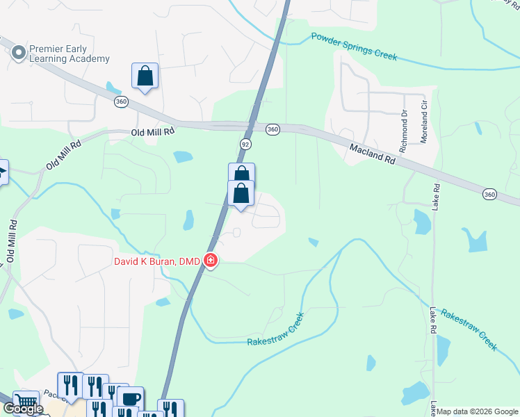 map of restaurants, bars, coffee shops, grocery stores, and more near 257 Darby's Crossing Court in Hiram