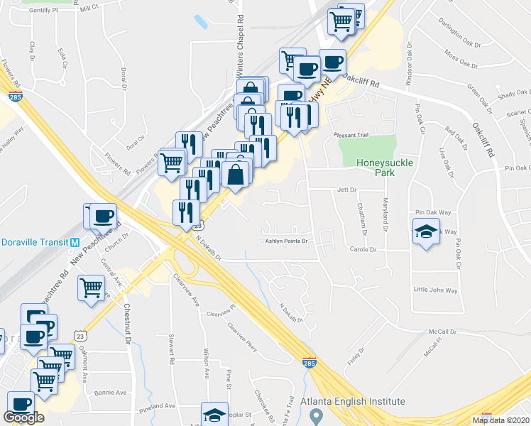 map of restaurants, bars, coffee shops, grocery stores, and more near 3838 McElroy Road in Doraville