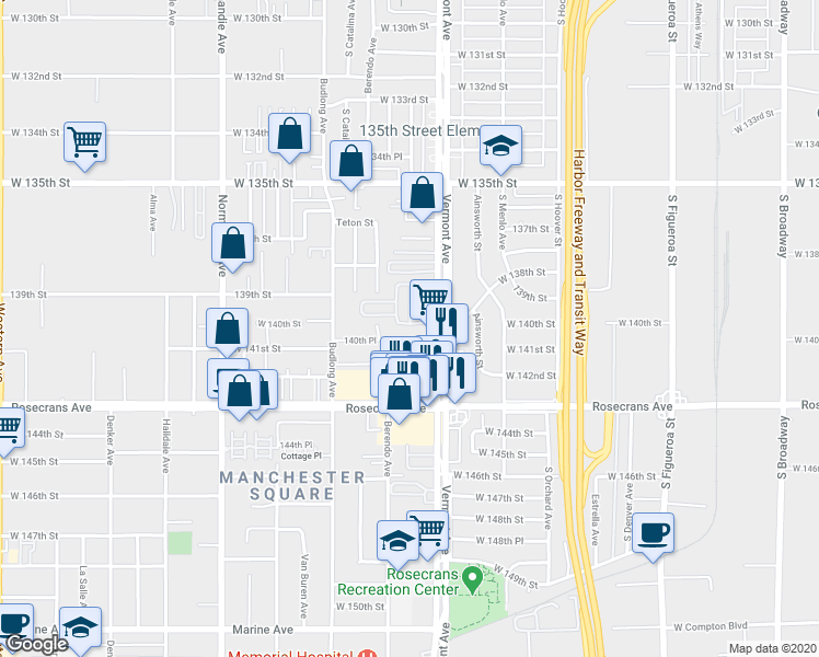 map of restaurants, bars, coffee shops, grocery stores, and more near 1020 Amber Place in Gardena