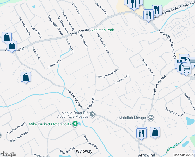 map of restaurants, bars, coffee shops, grocery stores, and more near 967 Riva Ridge Drive Northwest in Norcross