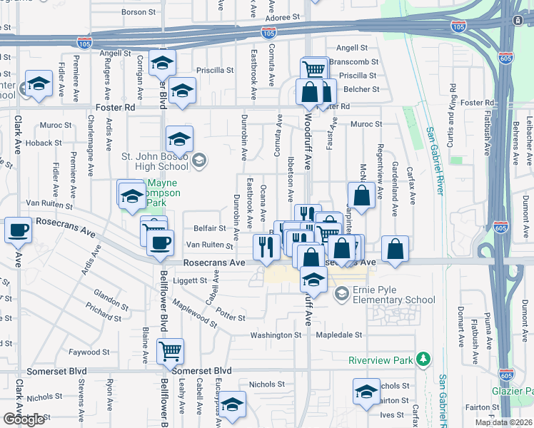map of restaurants, bars, coffee shops, grocery stores, and more near 14020 Ocana Avenue in Bellflower