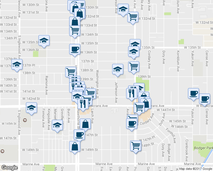 map of restaurants, bars, coffee shops, grocery stores, and more near 4203 West 141st Street in Hawthorne