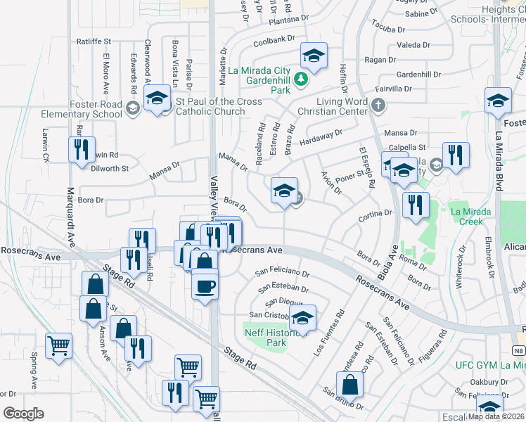 map of restaurants, bars, coffee shops, grocery stores, and more near 14354 Ramo Drive in La Mirada