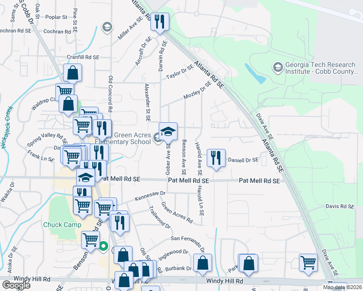 map of restaurants, bars, coffee shops, grocery stores, and more near 1996 Benson Avenue Southeast in Smyrna
