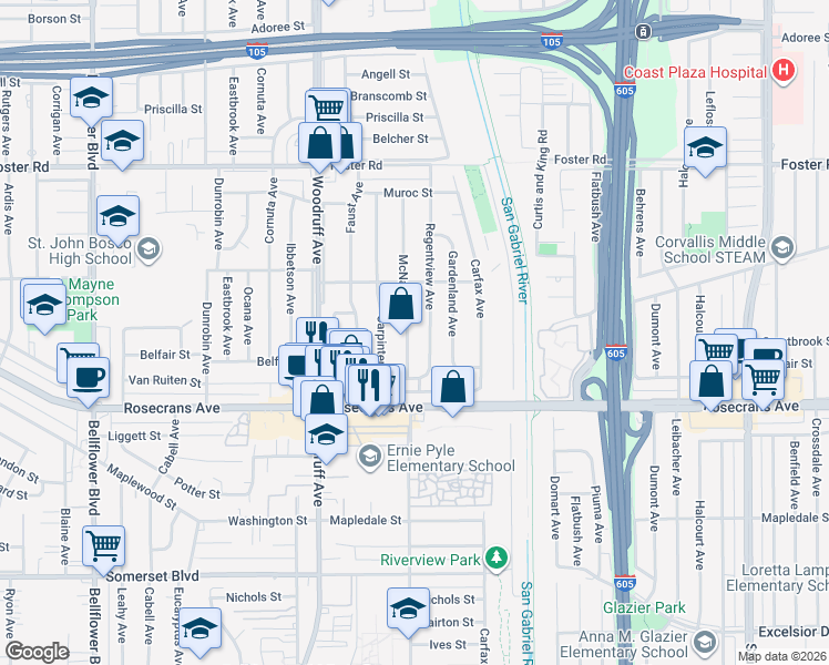 map of restaurants, bars, coffee shops, grocery stores, and more near 13912 McNab Avenue in Bellflower