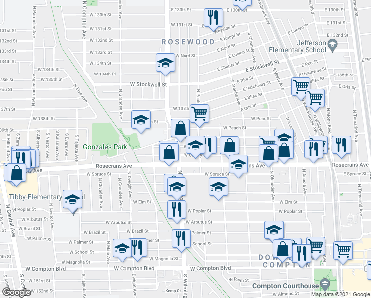 map of restaurants, bars, coffee shops, grocery stores, and more near 728 West Plum Street in Compton