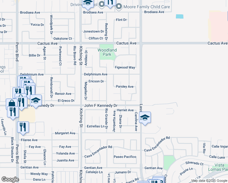 map of restaurants, bars, coffee shops, grocery stores, and more near 25784 Basil Ct in Moreno Valley