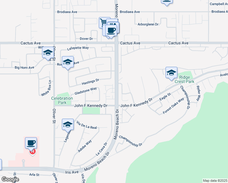 map of restaurants, bars, coffee shops, grocery stores, and more near 27964 John F Kennedy Drive in Moreno Valley