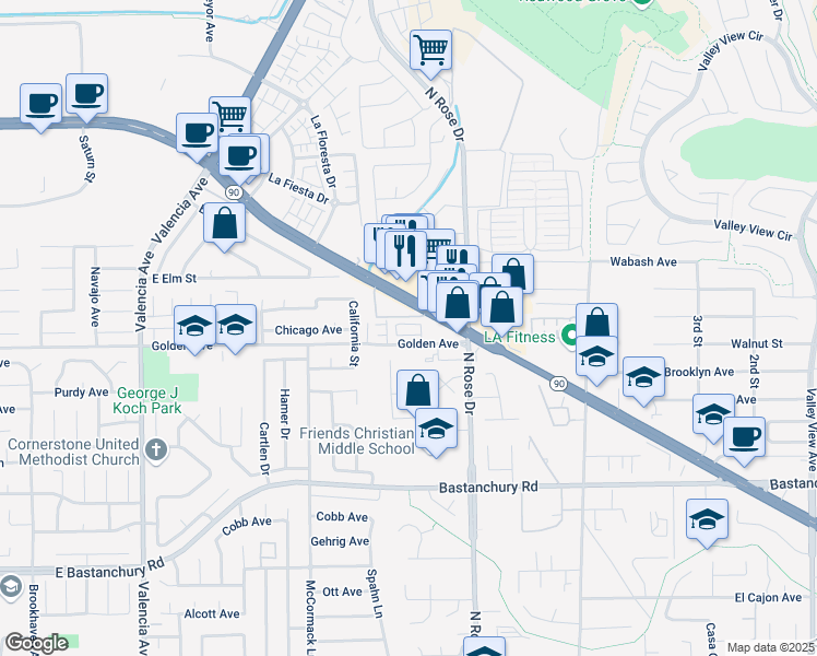 map of restaurants, bars, coffee shops, grocery stores, and more near 2336 Navigation Circle in Placentia