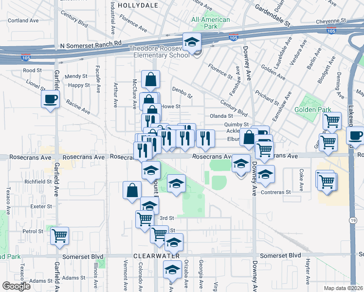 map of restaurants, bars, coffee shops, grocery stores, and more near 14128 Orizaba Avenue in Paramount