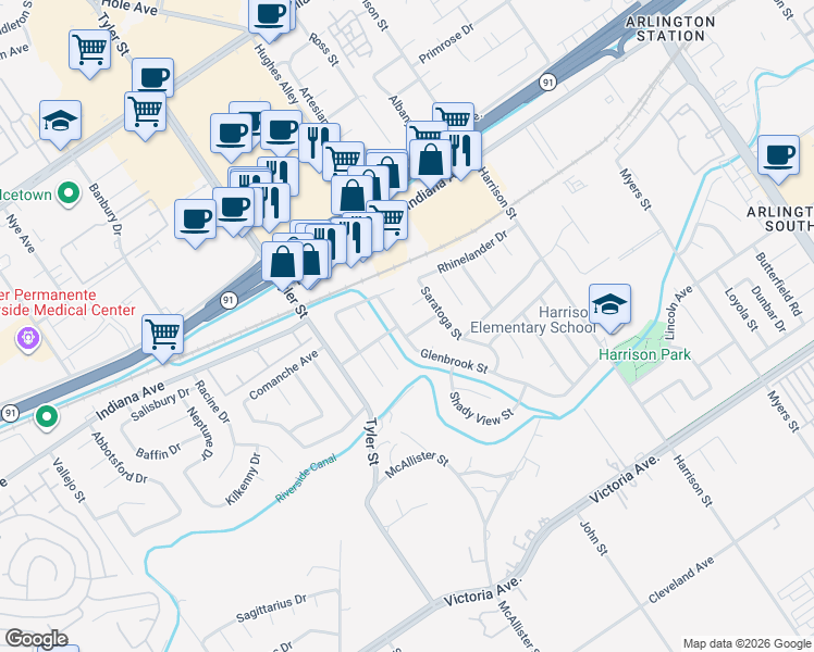 map of restaurants, bars, coffee shops, grocery stores, and more near 10151 Zuni Pass in Riverside