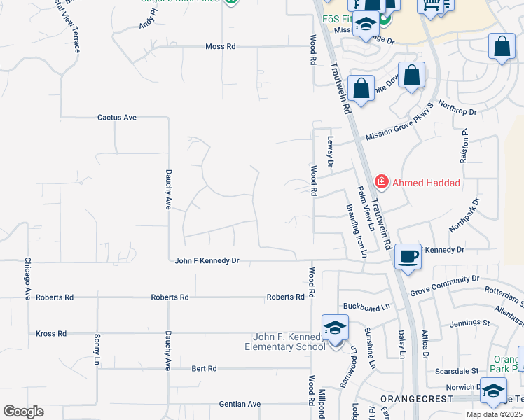 map of restaurants, bars, coffee shops, grocery stores, and more near 8025 Armagosa Drive in Riverside