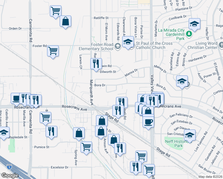 map of restaurants, bars, coffee shops, grocery stores, and more near 13925 Plume Dr in La Mirada