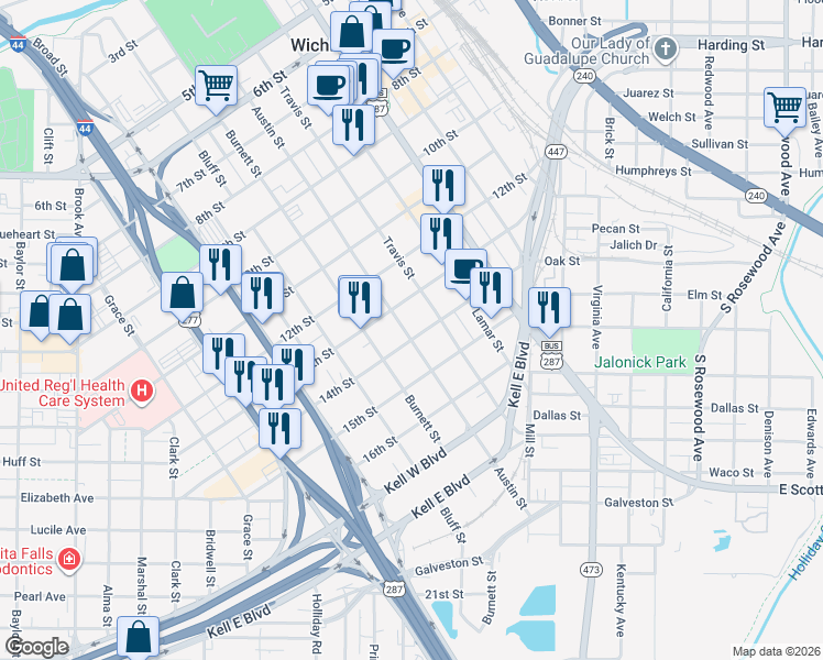 map of restaurants, bars, coffee shops, grocery stores, and more near in Wichita Falls