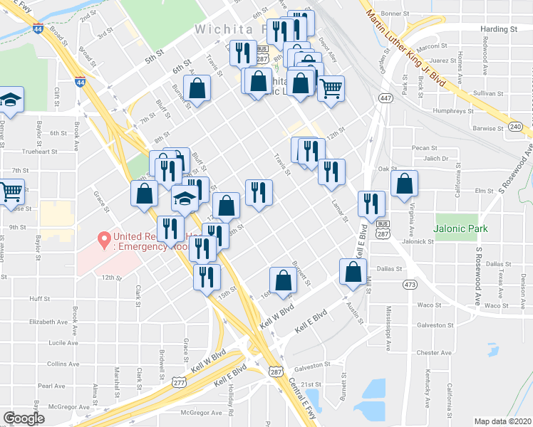 map of restaurants, bars, coffee shops, grocery stores, and more near 1301 Burnett Street in Wichita Falls