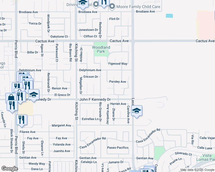 map of restaurants, bars, coffee shops, grocery stores, and more near 25784 Basil Court in Moreno Valley