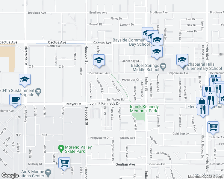 map of restaurants, bars, coffee shops, grocery stores, and more near 24225 Kismet Circle in Moreno Valley