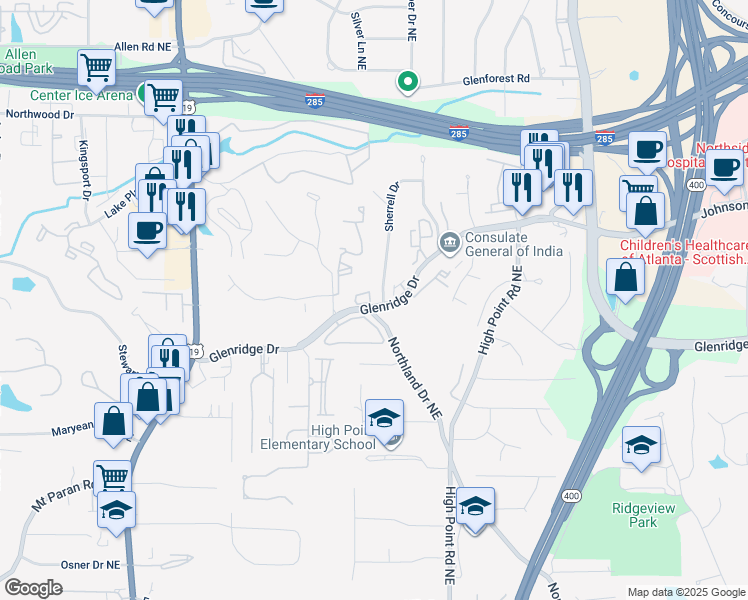 map of restaurants, bars, coffee shops, grocery stores, and more near 5492 Glenridge Drive in Atlanta